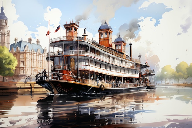 painting of a large boat on a river with a building in the background generative ai