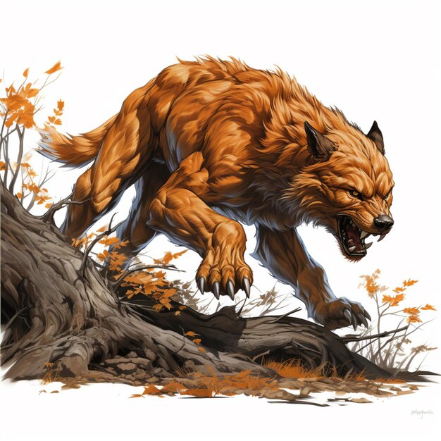 painting of a large brown wolf running over a fallen tree generative ai