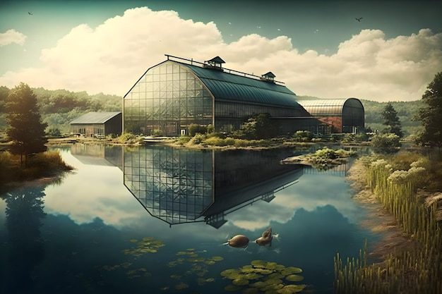 A painting of a large building with a pond in the foreground and a sky with clouds.