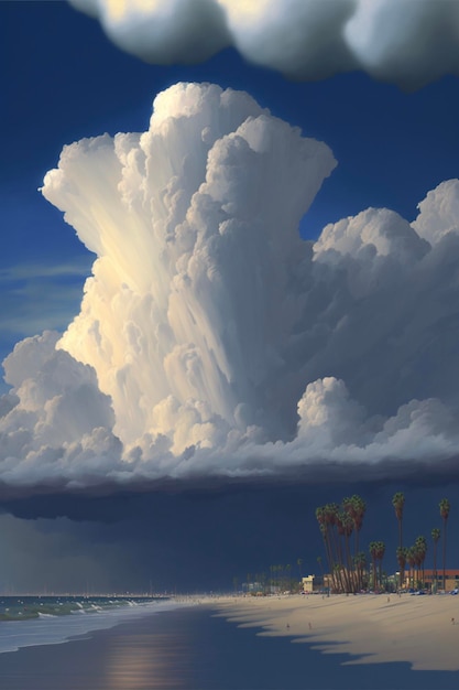 Painting of a large cloud over a beach generative ai