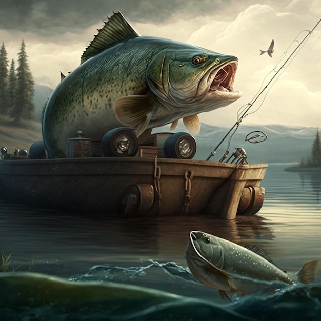 Photo painting of a large fish on a boat with a fishing rod generative ai