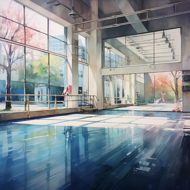 painting of a large indoor swimming pool with a view of a city generative ai