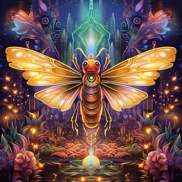 A painting of a large insect with a glowing body and wings generative ai