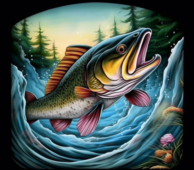 Premium Photo  A painting of a large mouth bass fish leaping out of the  water generative ai