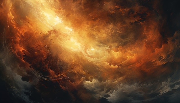 Painting of a large orange and black cloud with a bright center generative ai