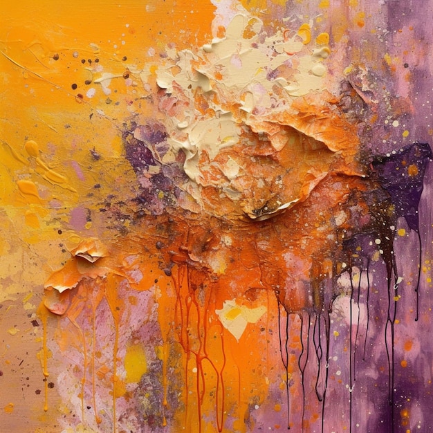 Painting of a large orange flower with yellow and purple paint generative ai