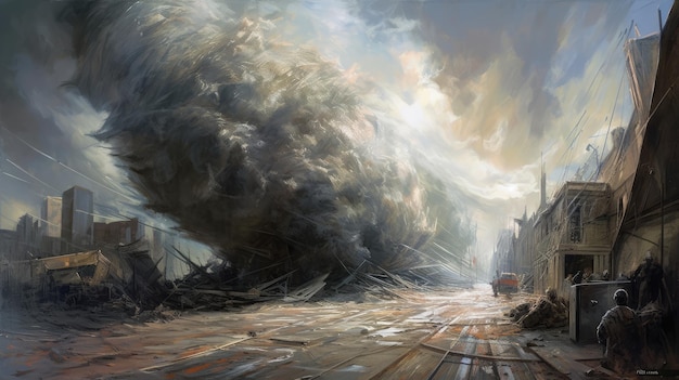 A painting of a large storm with a large cloud coming out of it.