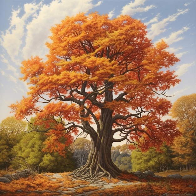 Painting of a large tree with orange leaves in a field generative ai