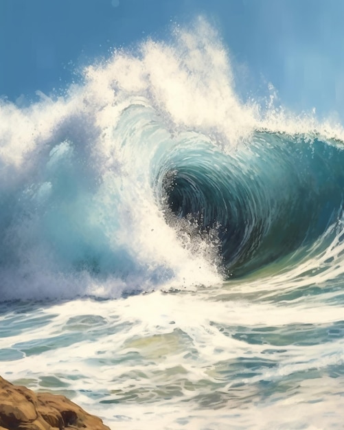 Painting of a large wave breaking on a rocky shore generative ai