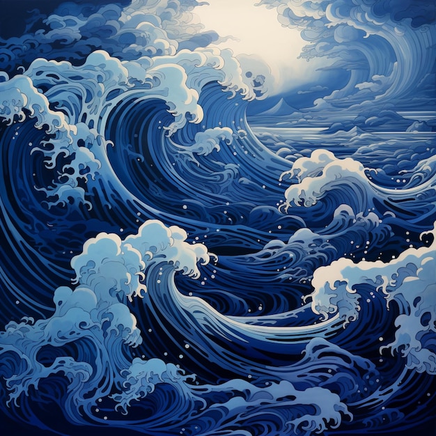 Photo painting of a large wave in the ocean with a sun in the background generative ai