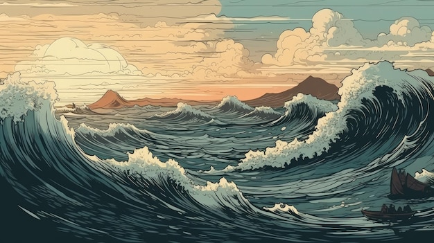 A painting of a large wave in the ocean