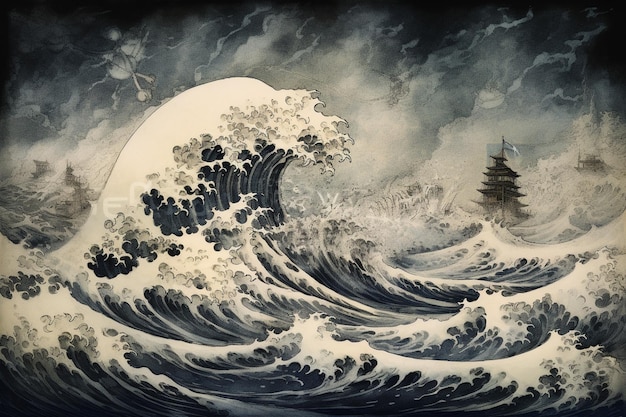 painting of a large wave with a boat in the background generative ai