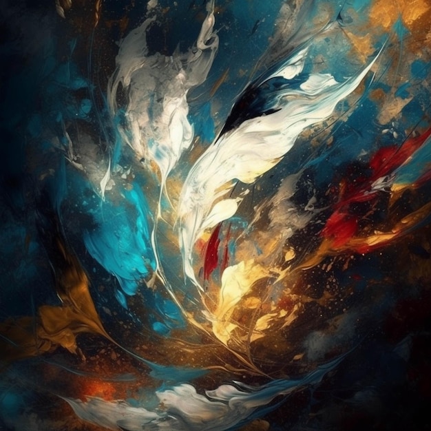 Painting of a large white bird flying through a blue and red swirl generative ai