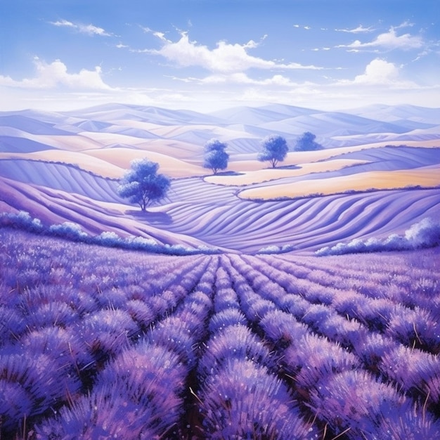 A painting of a lavender field with a blue sky and clouds