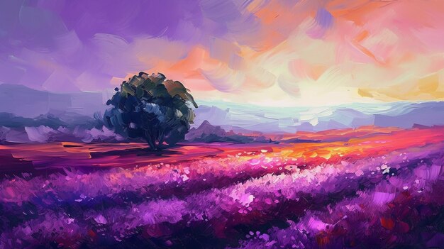 A painting of a lavender field with a tree in the middle