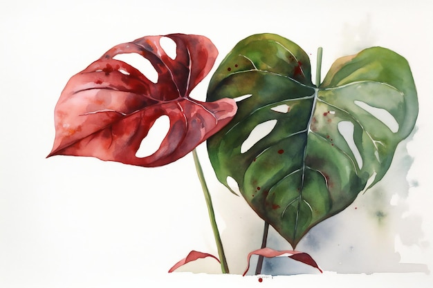 A painting of a leaf with a red leaf and a green leaf.