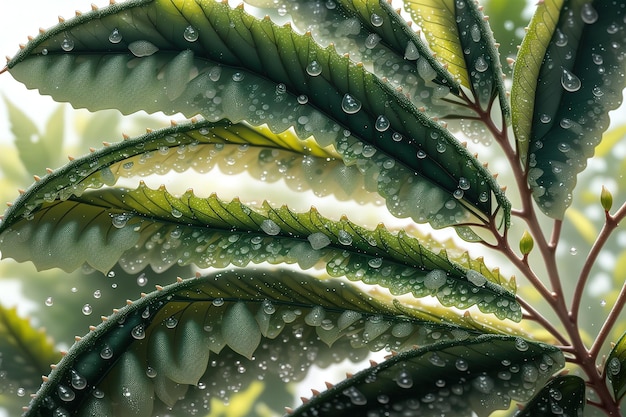 A painting of a leaf with water droplets on it