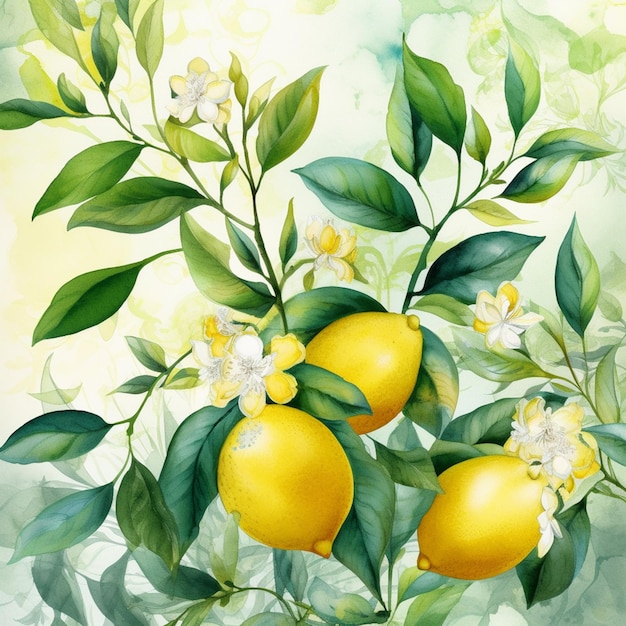 A painting of lemons on a branch with green leaves and flowers.