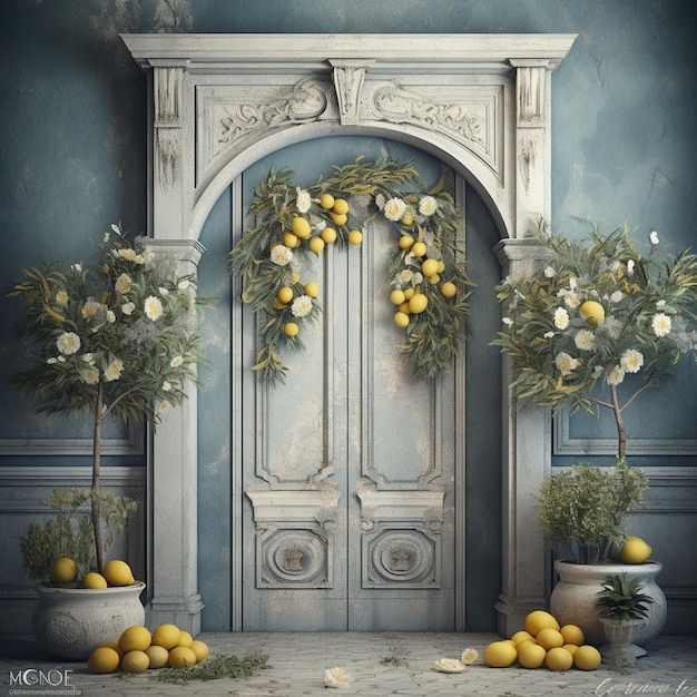 青い壁に描かれたレモンと花の絵