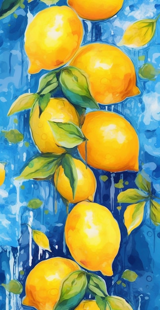 A painting of lemons and leaves on a blue background.