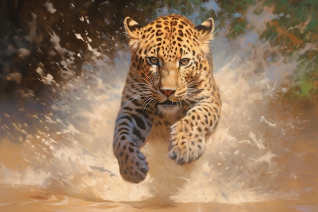 A painting of a leopard jumping out of water