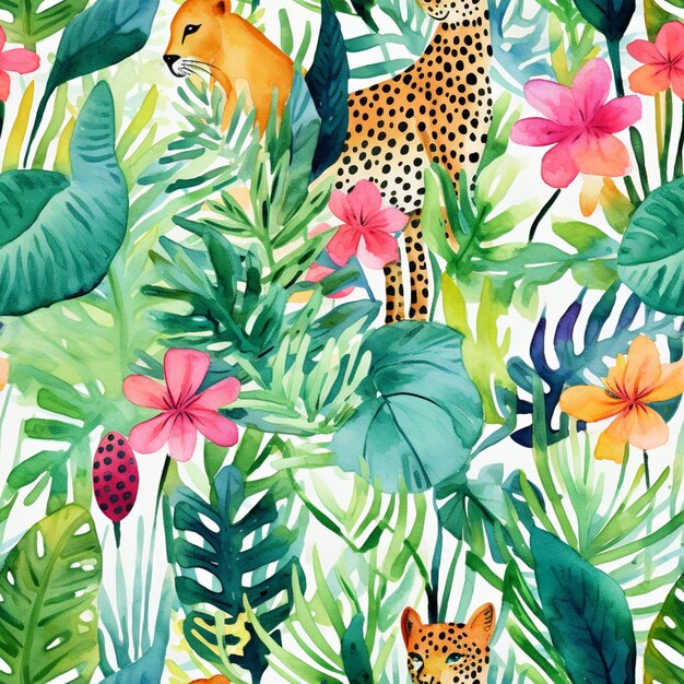 Photo a painting of a leopard and a leopard surrounded by tropical plants generative ai