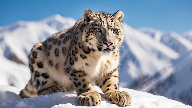 Foto pittura di un leopardo in piedi su una roccia di fronte a una montagna ai foto generativa