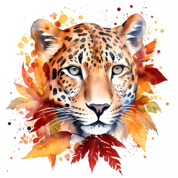 A painting of a leopard with autumn leaves on it