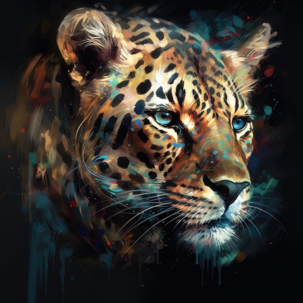 A painting of a leopard with blue eyes and a black background.