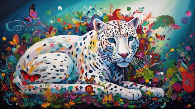 A painting of a leopard with a blue and yellow face.