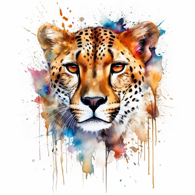 Painting of a leopard with a colorful face and a white background generative ai