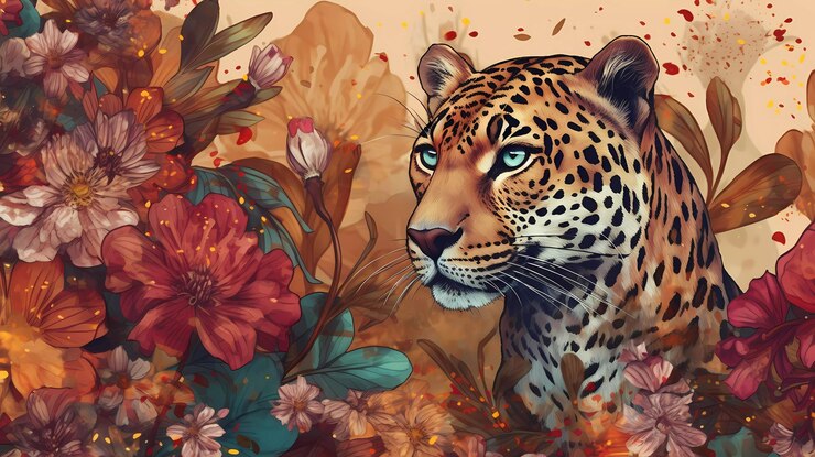 Photo a painting of a leopard with a floral background.