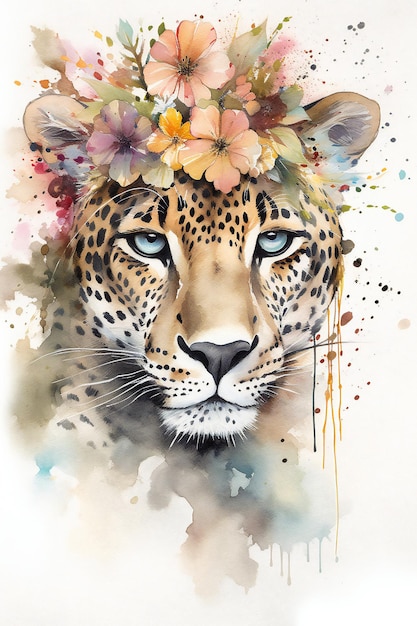 A painting of a leopard with a flower crown