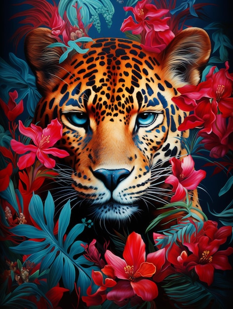 painting of a leopard with flowers and leaves on a dark background generative ai