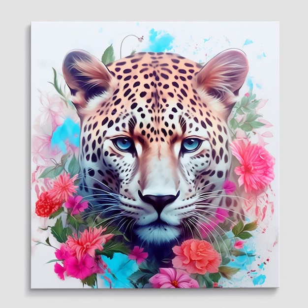 painting of a leopard with flowers and leaves on a white background generative ai