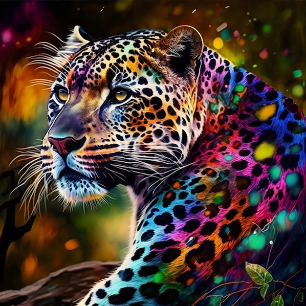 A painting of a leopard with a multicolored face.