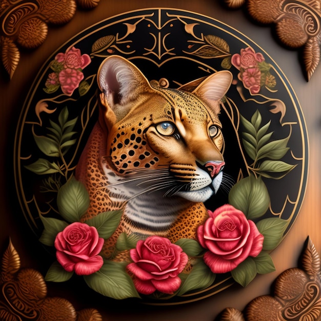 A painting of a leopard with red roses on it