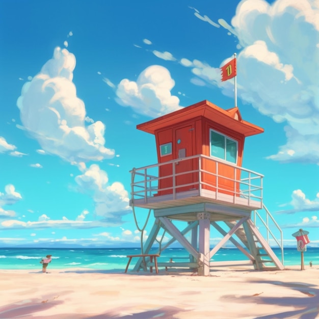 Картина спасательной башни на пляже с людьми, идущими по песку