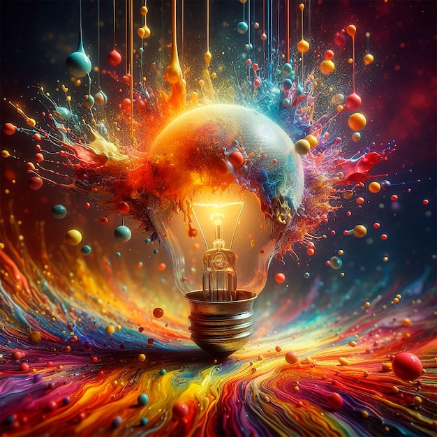 A painting of a light bulb with a lot of colors on it