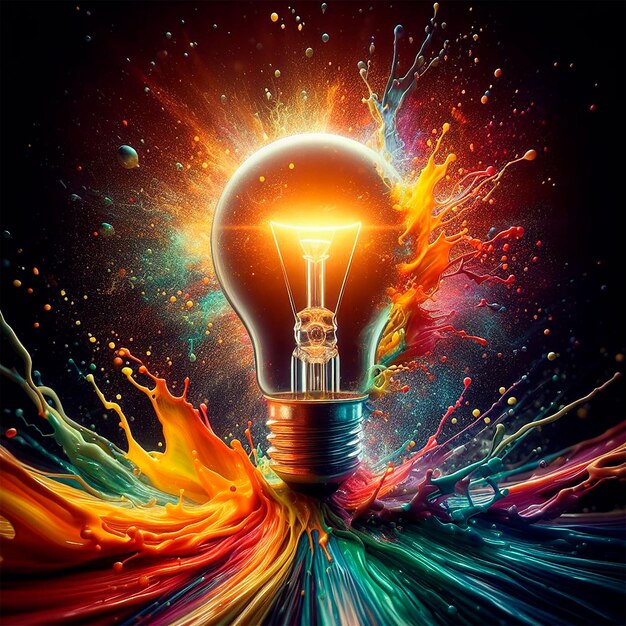 A painting of a light bulb with a lot of colors on it