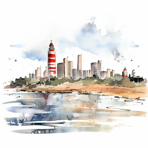 Foto dipinto di un faro in una città con una torre rossa e bianca generativa ai