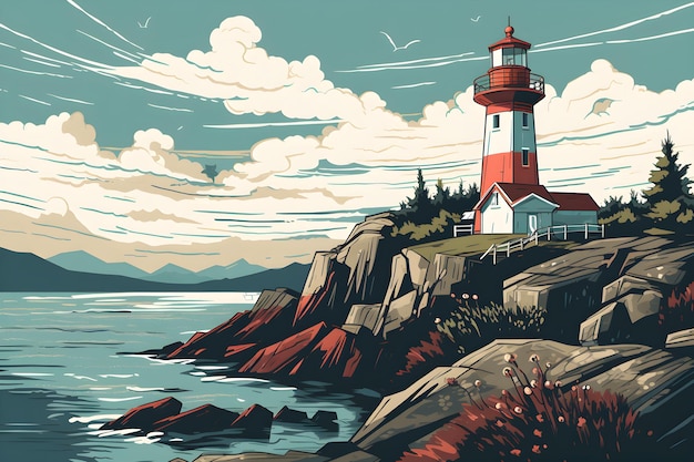 A painting of a lighthouse on a cliff with the sea in the background.