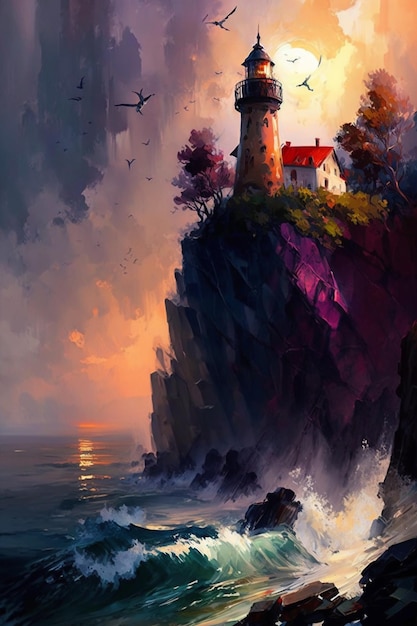 Painting of a lighthouse on a cliff