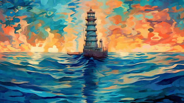 Photo a painting of a lighthouse on a cloudy day