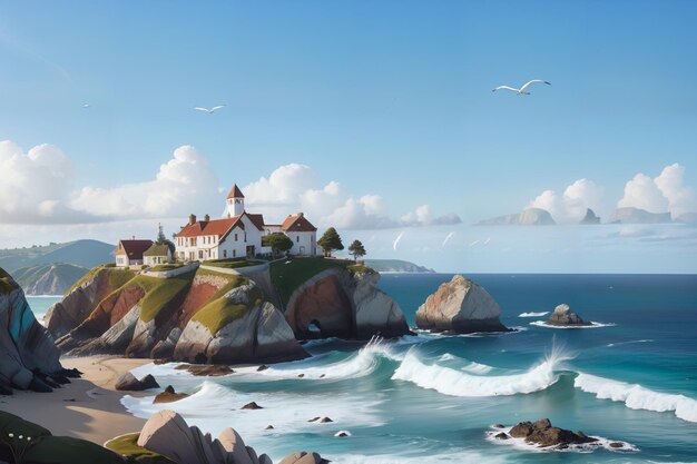 Photo a painting of a lighthouse on the coast