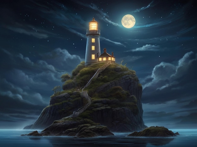 a painting of a lighthouse on a night sky with a moon in the background