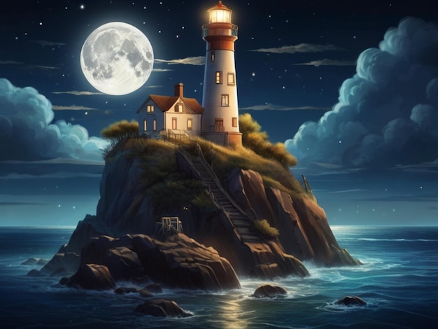 a painting of a lighthouse on a night sky with the moon in the background