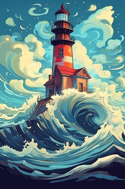 Photo a painting of a lighthouse in the ocean