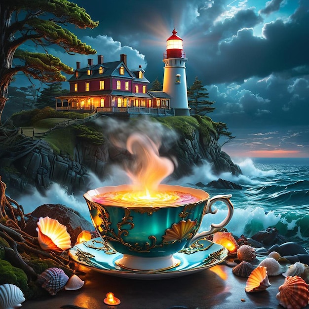 Photo a painting of a lighthouse and a pot of fire on a beach