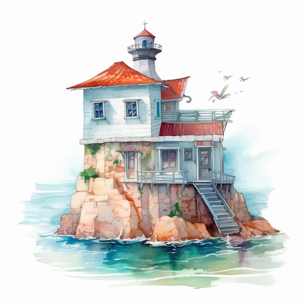 Painting of a lighthouse on a rock with a staircase leading to it generative ai